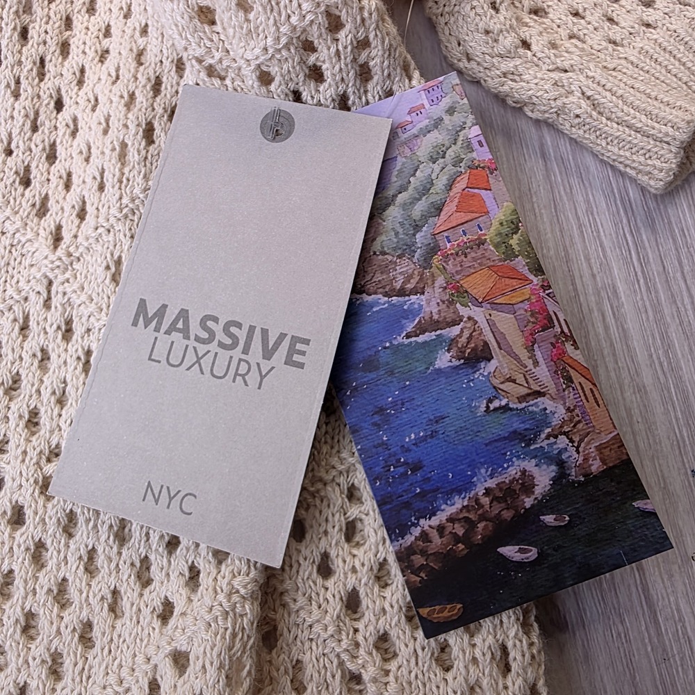 NWT Massive Luxury Edition Men's M Crochet Knit Polo Shirt Open‎ Weave Neutral - Picture 5 of 7